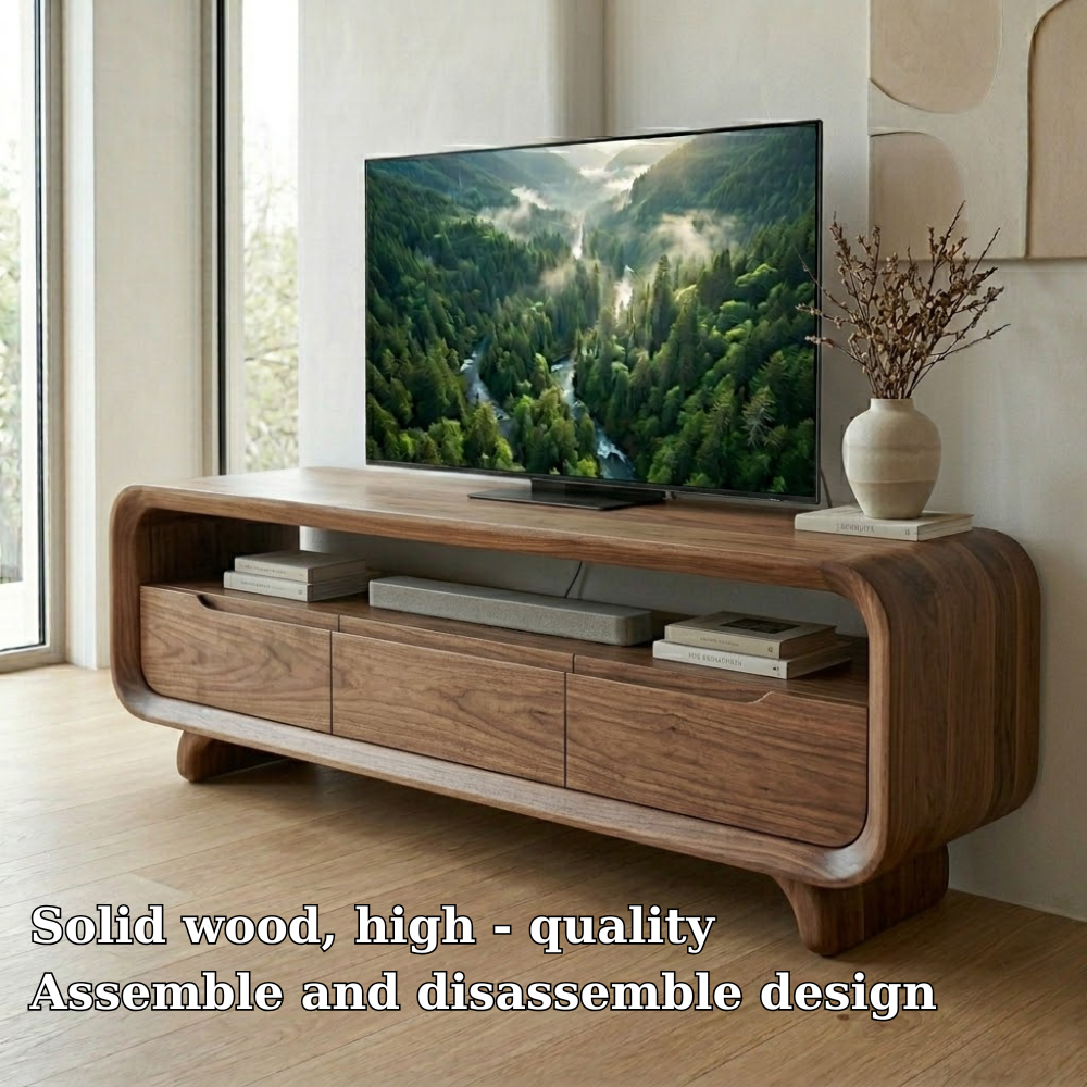Solid Wood Media Console with Curved Edges – Modern TV Stand with Storage