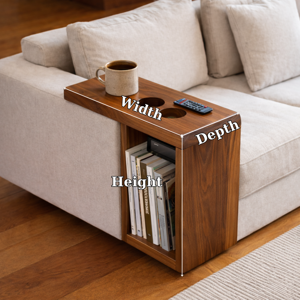 Solid Wood Sofa Armrest Table with Cup Holders – Couch Arm Tray with Storage