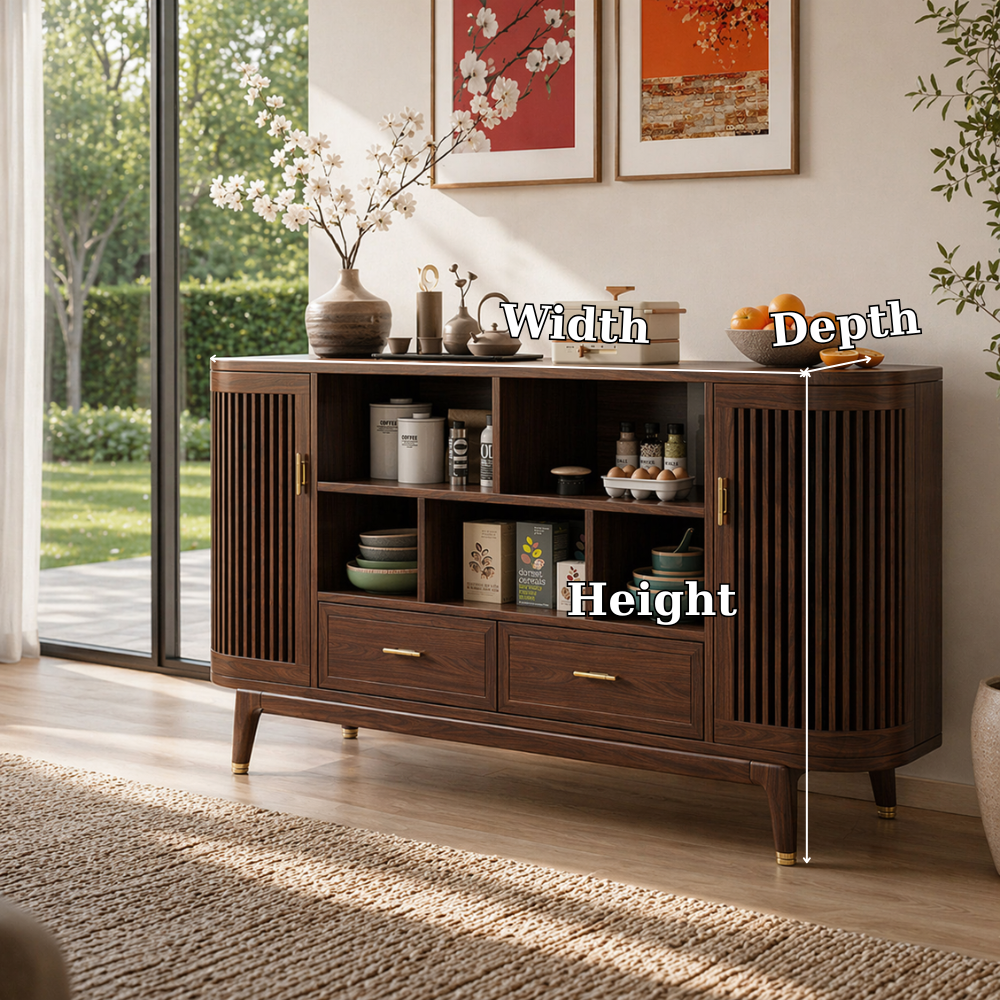 Mid Century Solid Wood Console Sideboard with Slatted Doors – Walnut Storage Cabinet