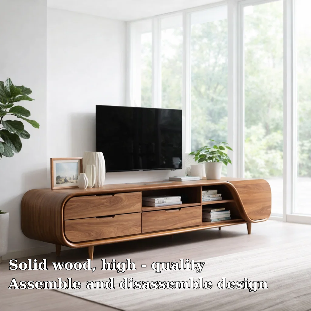 Solid Wood Media Console with Curved Ends & Drawers, Modern TV Stand Cabinet