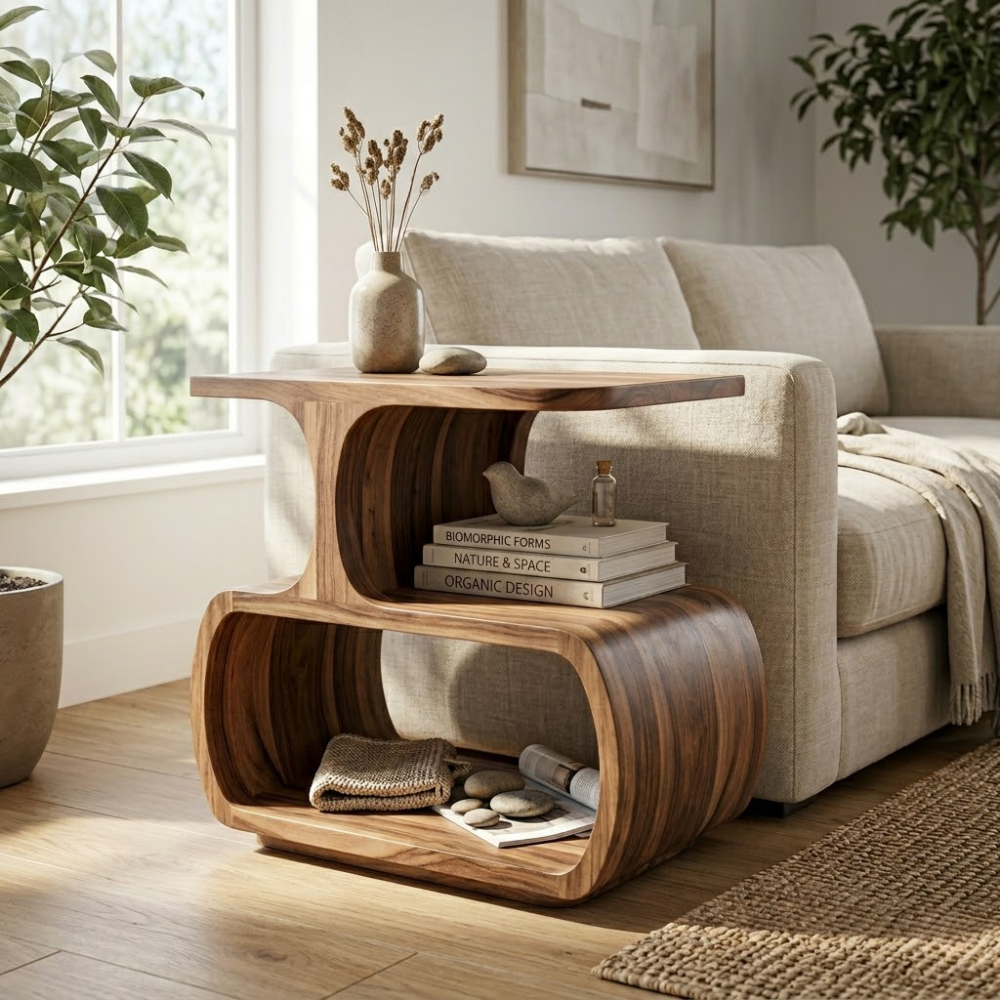 Solid Wood Sculptural End Table with Storage Shelves – Modern Curved Side Table