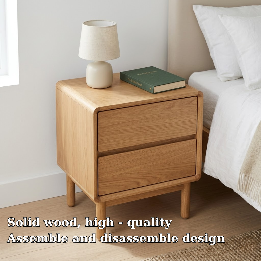 Solid Nightstand - Minimalist Mid-Century Modern Bedside Table with Drawers
