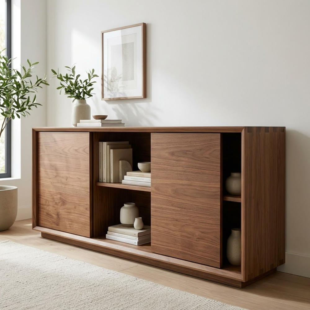 Walnut Console Cabinet with Sliding Doors – Modern Wood Storage Sideboard