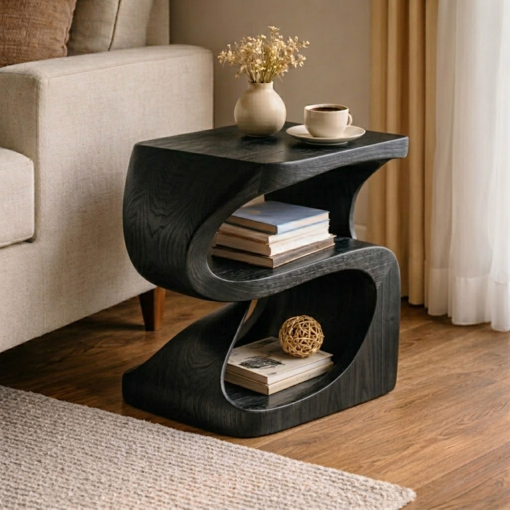 Solid Wood Sculptural End Table with Open Shelf – Modern Curved Side Table