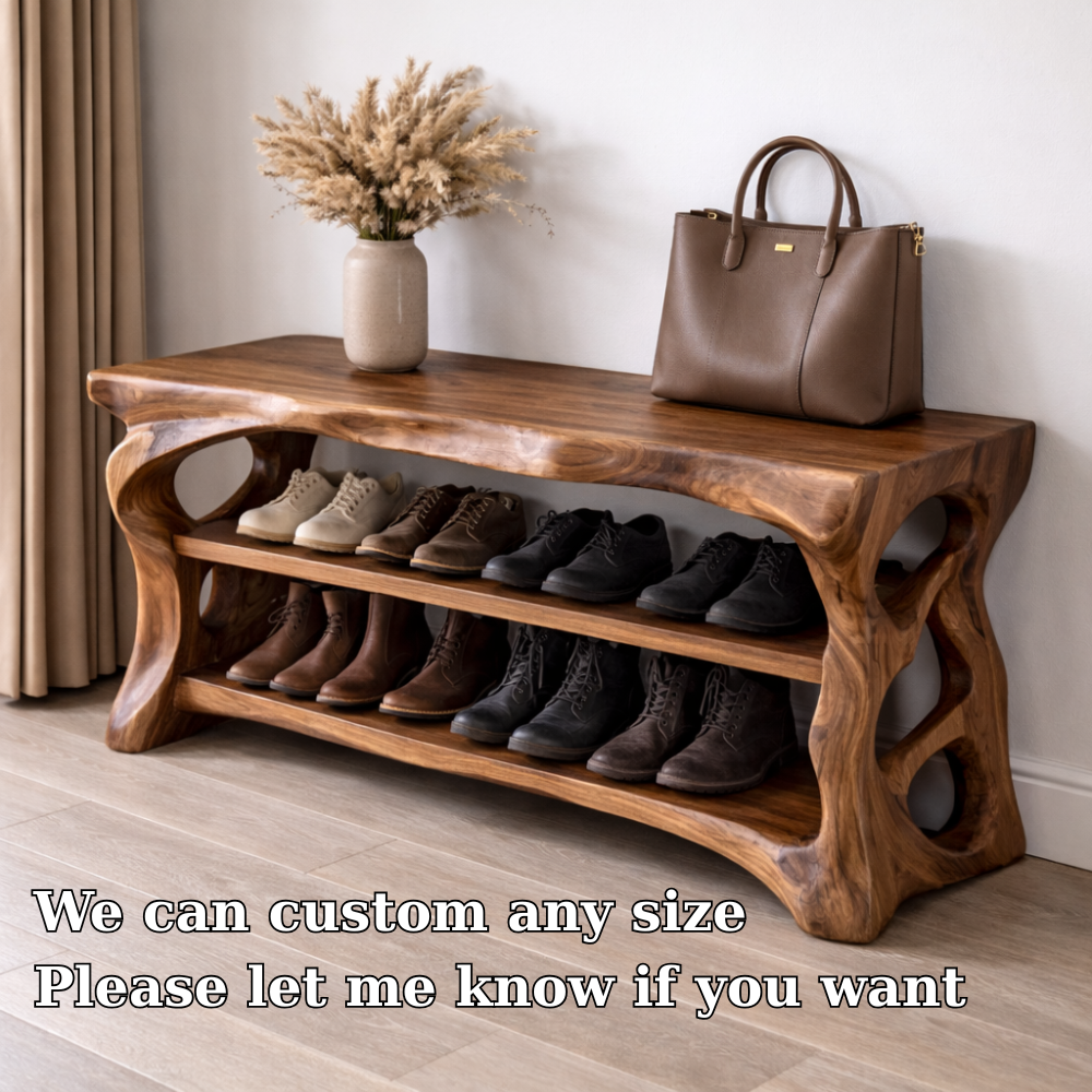 Solid Wood Entryway Bench with Shoe Storage Shelf – Rustic Natural Wood Shoe Rack