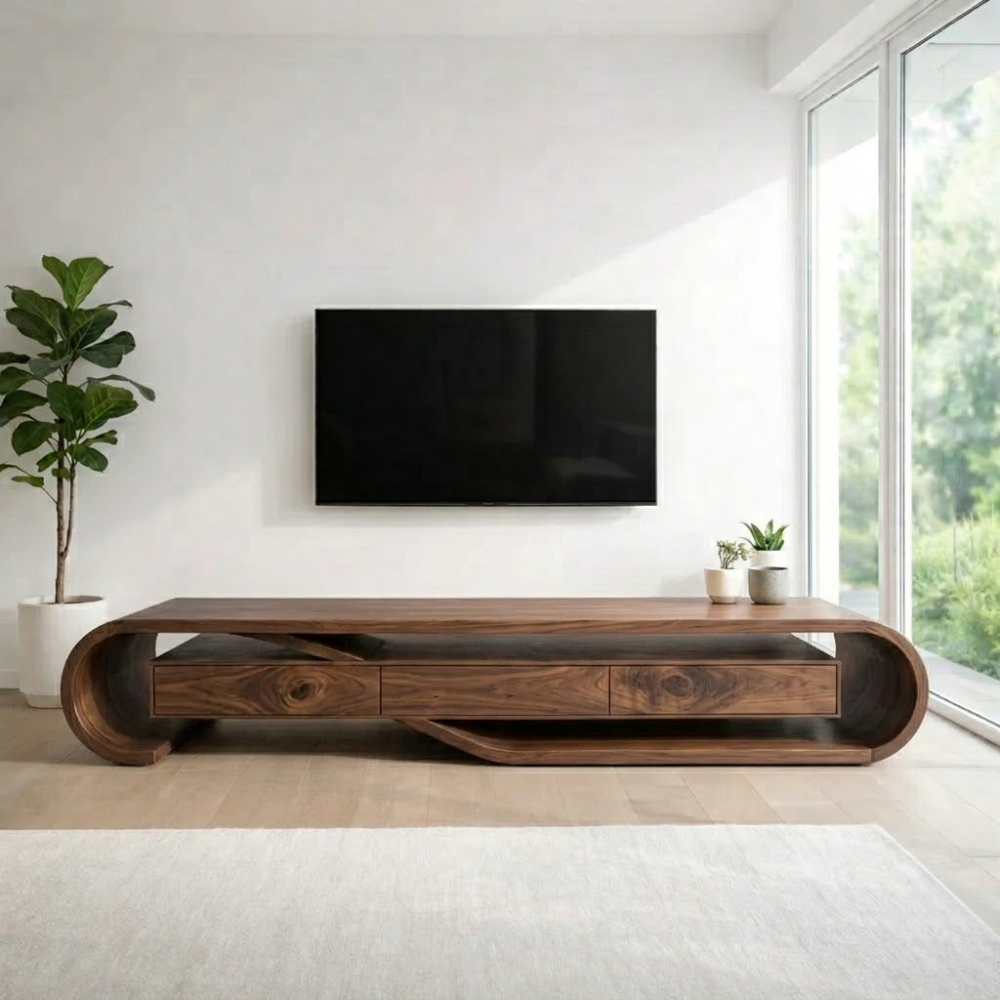 Solid Wood Media Console with Sculptural Curved Frame & Drawers, Modern TV Stand