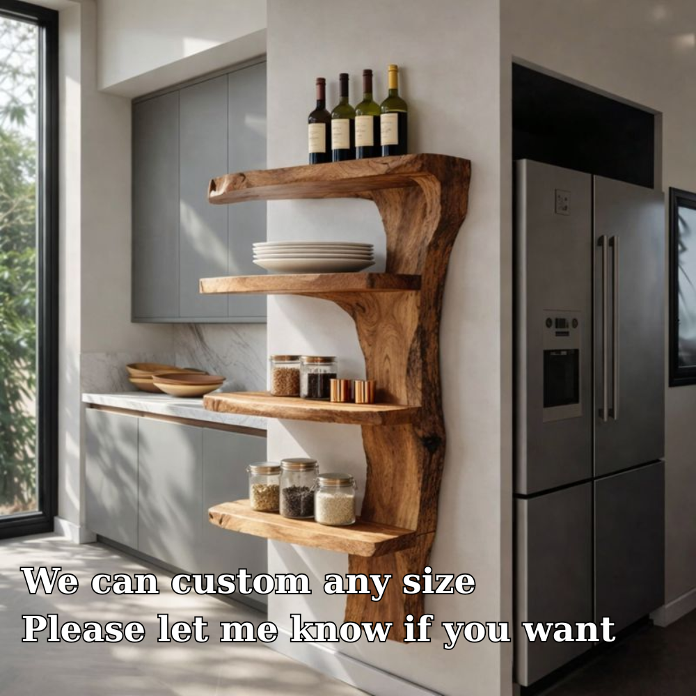 Handcrafted Solid Wood Live Edge Wall Shelf - Rustic Floating Kitchen Organizer & Display