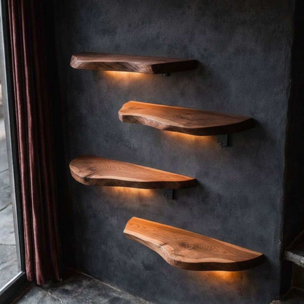 Live Edge Rustic Floating Wood Shelf - Handmade Solid Wood Wall Decor