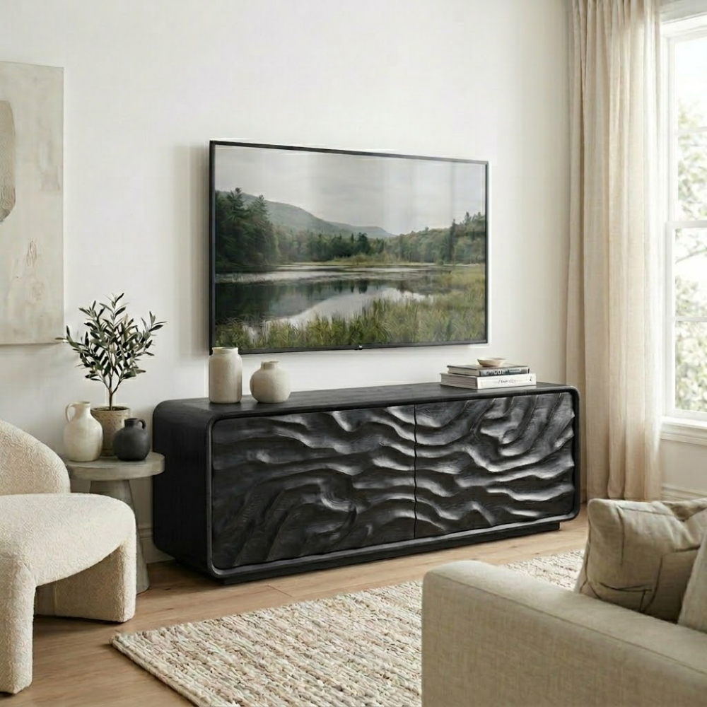 Solid Wood Media Console with Sculpted Doors, Modern TV Stand Cabinet with Storage