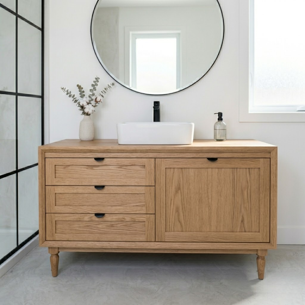 Solid Wood Bathroom Vanity with Drawers & Cabinet β Minimal Modern