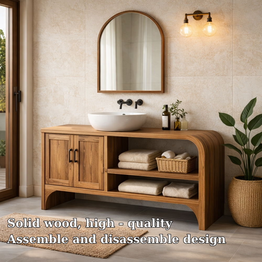 Solid Wood Bathroom Vanity Cabinet with Open Shelf and Double Doors Storage