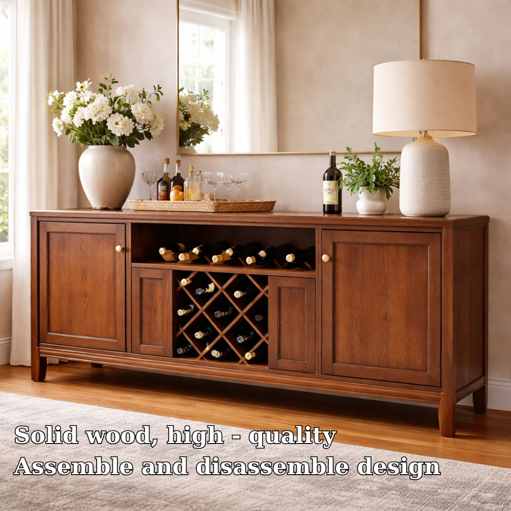 Solid Wood Console Cabinet with Wine Rack and Storage Doors