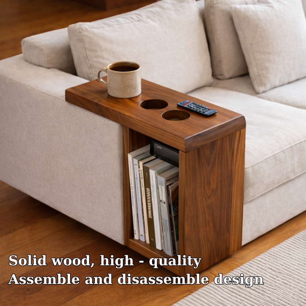 Solid Wood Sofa Armrest Table with Cup Holders – Couch Arm Tray with Storage
