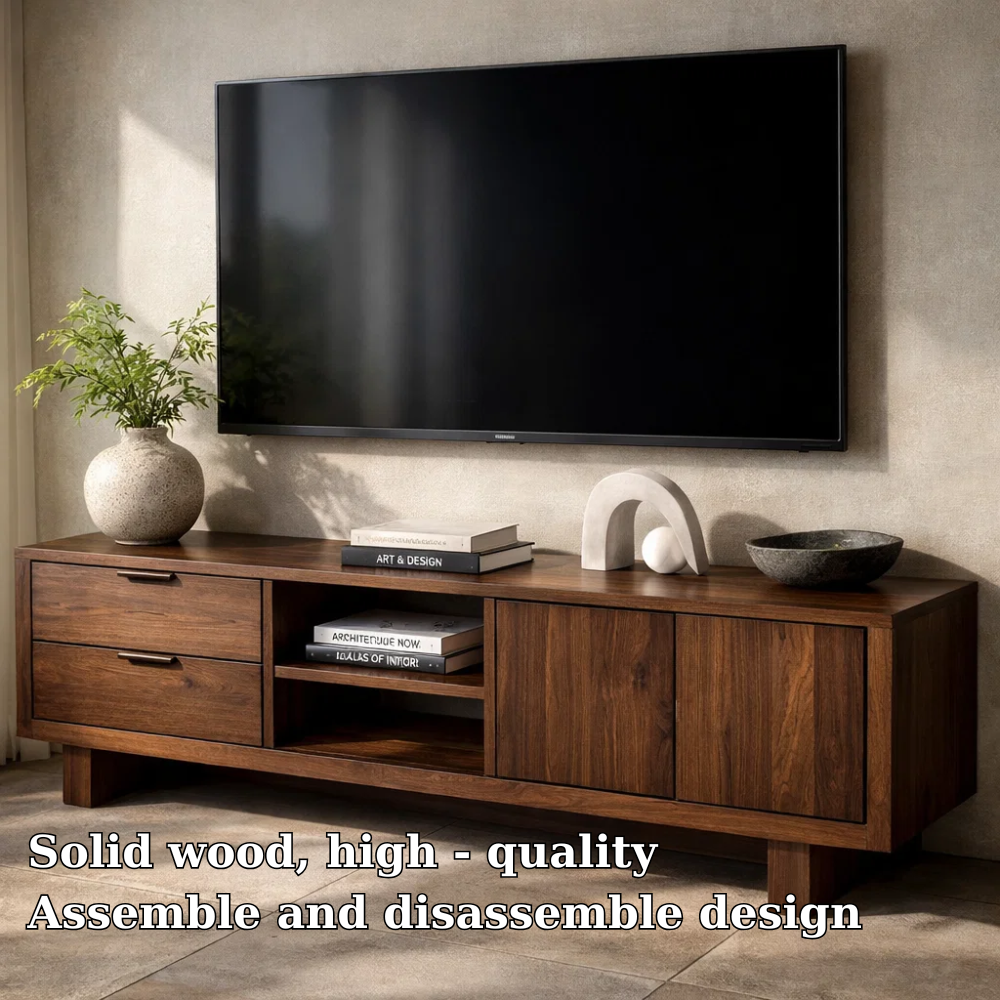 Solid Wood TV Cabinet with Drawers, Doors & Open Shelf – Modern Media Console