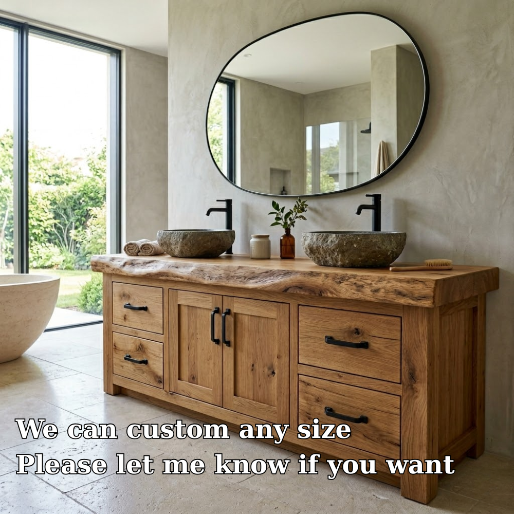Rustic Oak Bathroom Vanity Double Sink Cabinet Live Edge Solid Wood Storage Unit