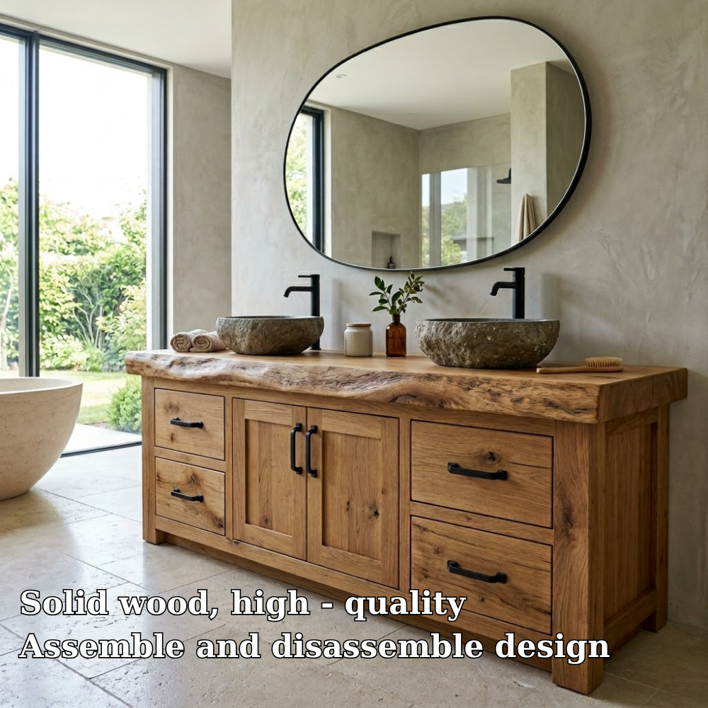 Rustic Oak Bathroom Vanity Double Sink Cabinet Live Edge Solid Wood Storage Unit