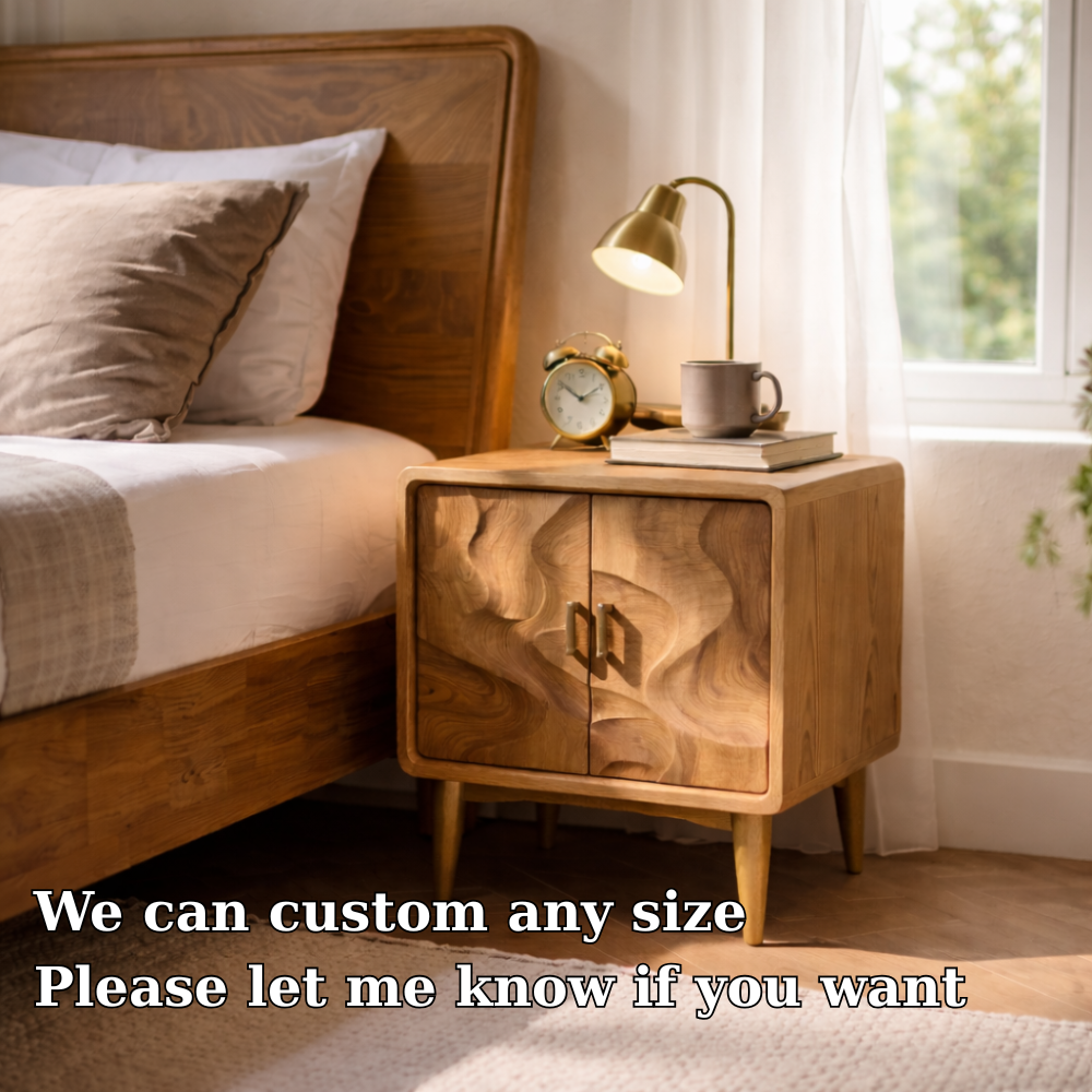 Solid Wood Nightstand with Cabinet Doors – Mid Century Modern Bedside Table