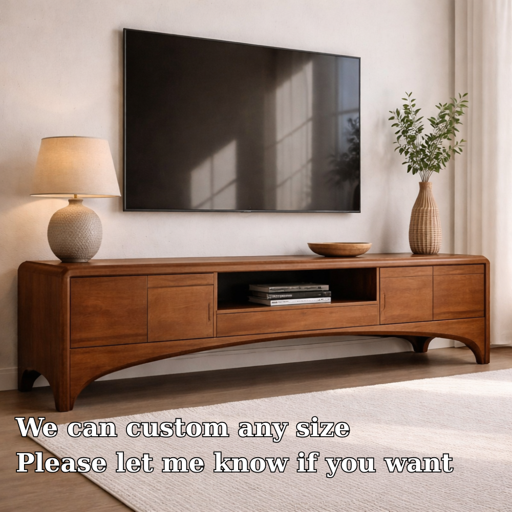 Solid Wood TV Cabinet with Drawers and Open Shelf