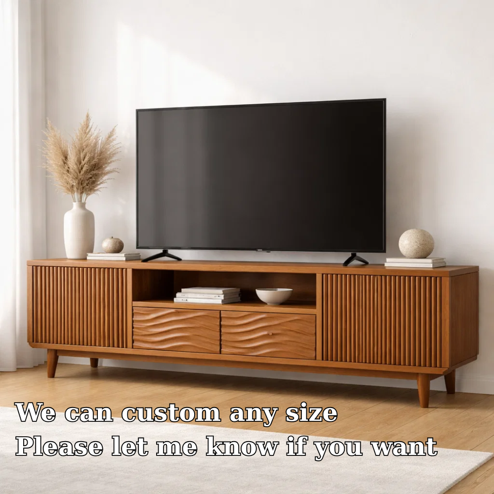 Modern Wood TV Cabinet with Slatted Doors & Wave Drawer – Media Console Storage