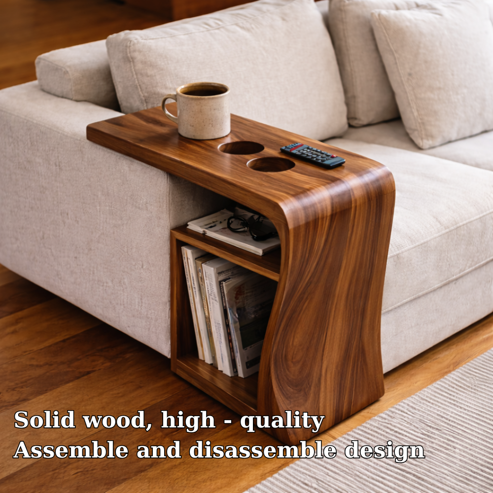 Solid Wood Sofa Armrest Table with Cup Holders and Storage – Couch Arm Tray