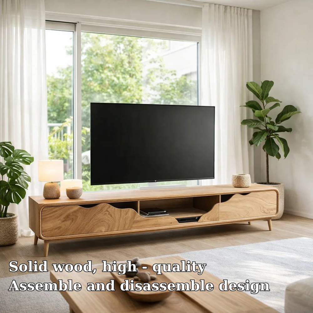 Solid Wood TV Console with Curved Design & Storage – Modern Media Unit