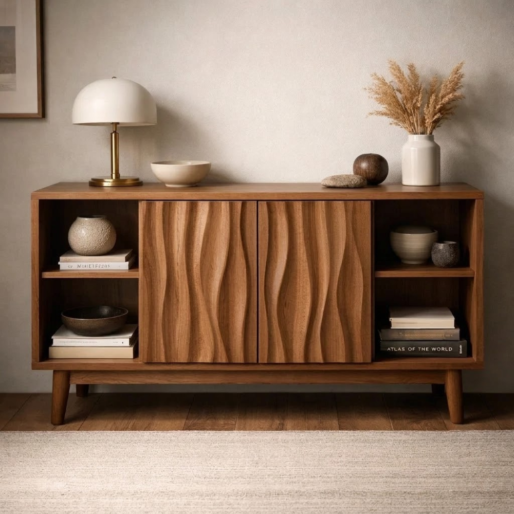 Elegant Solid Wood Console Cabinet with Wavy Doors - Stylish Storage for Living Room