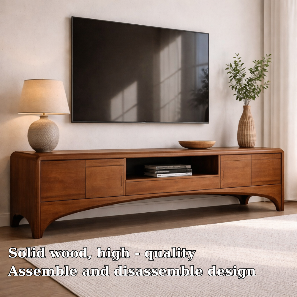 Solid Wood TV Cabinet with Drawers and Open Shelf