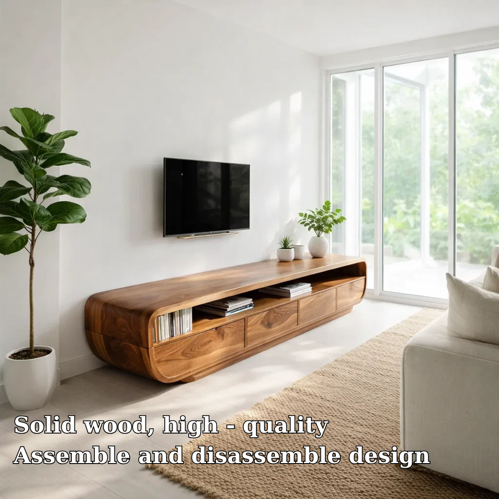 Solid Wood Media Console with Curved Edges & Drawers, Modern Low TV Stand