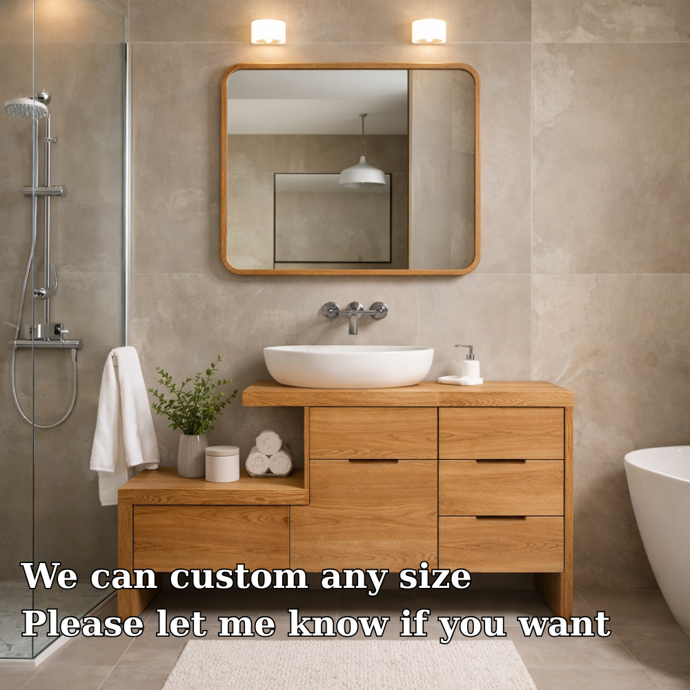 Modern Solid Wood Bathroom Vanity Cabinet with Drawers & Open Shelf Storage