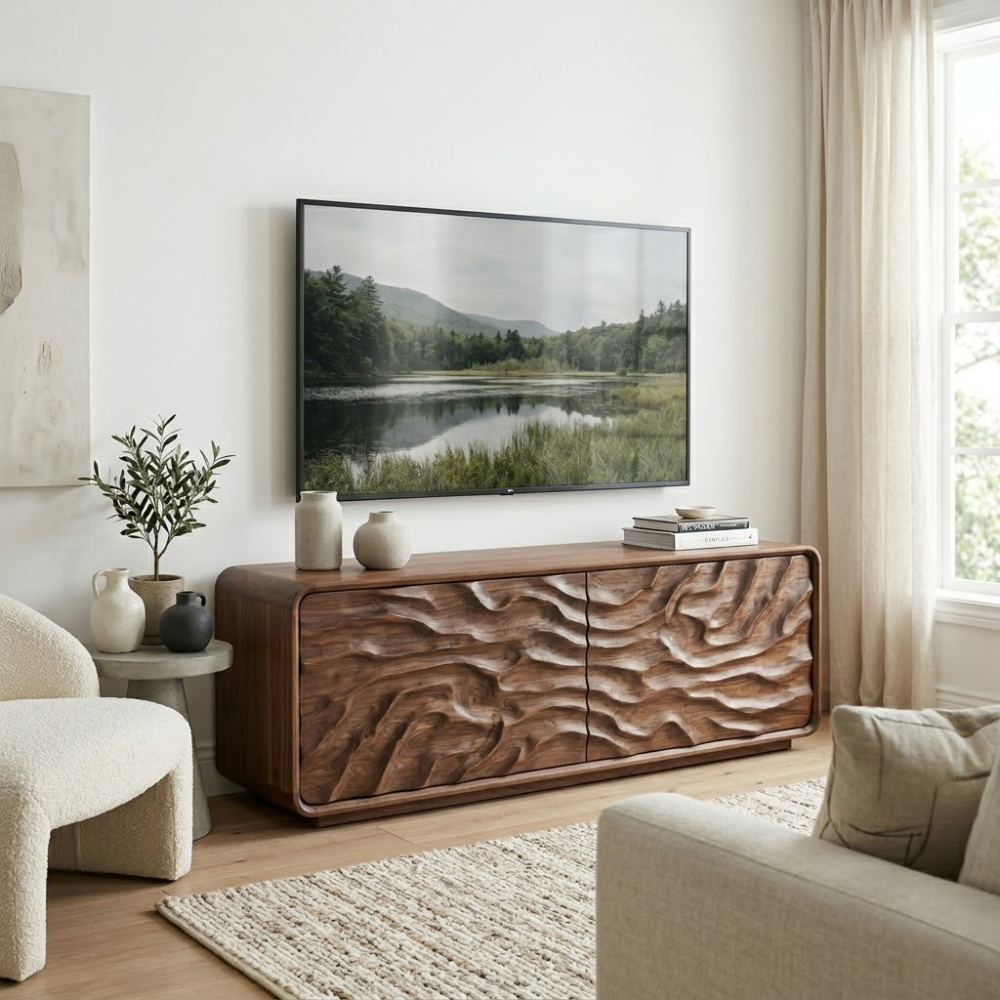 Solid Wood Media Console with Sculpted Doors, Modern TV Stand Cabinet with Storage