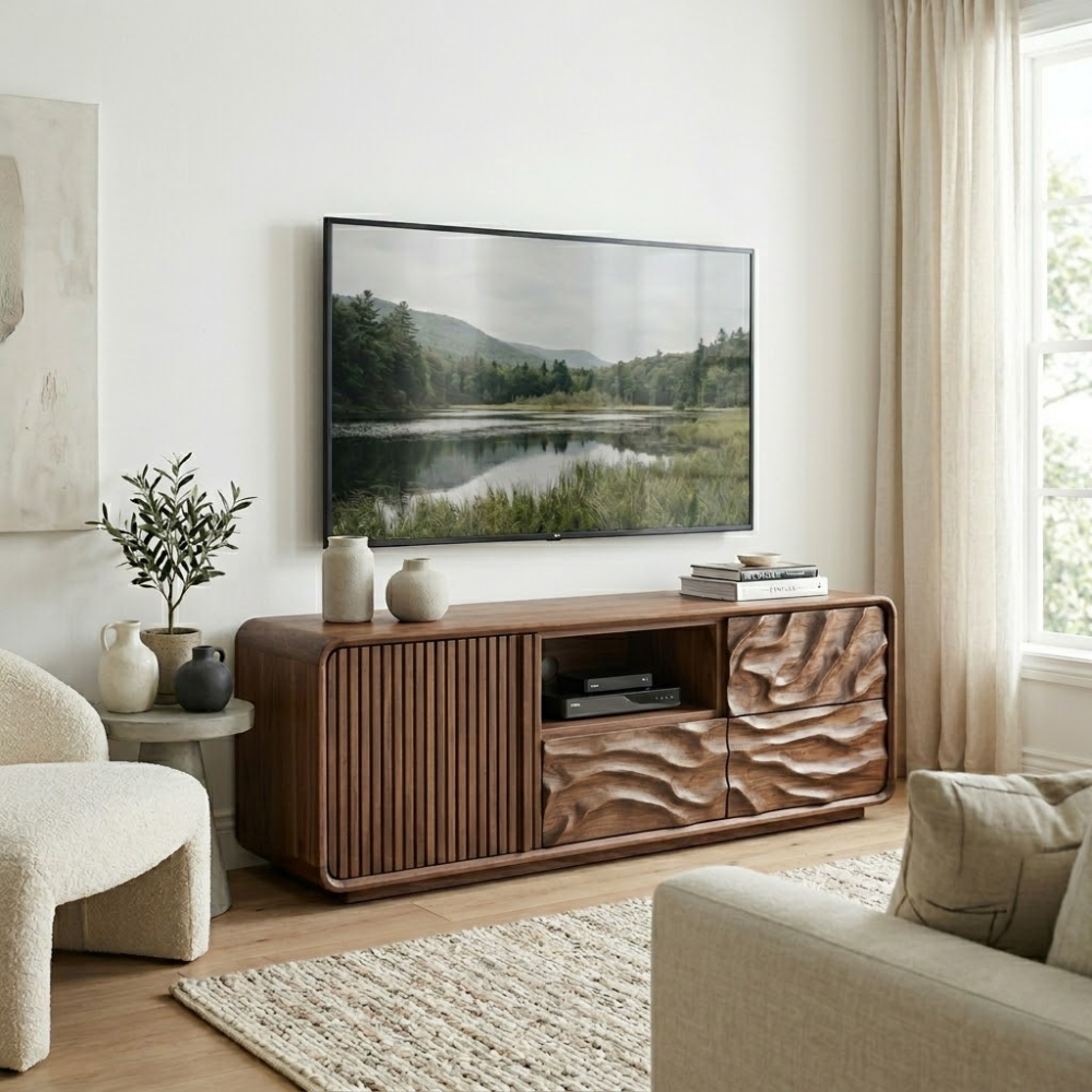Solid Wood Media Console with Fluted & Carved Doors, Modern TV Stand with Storage