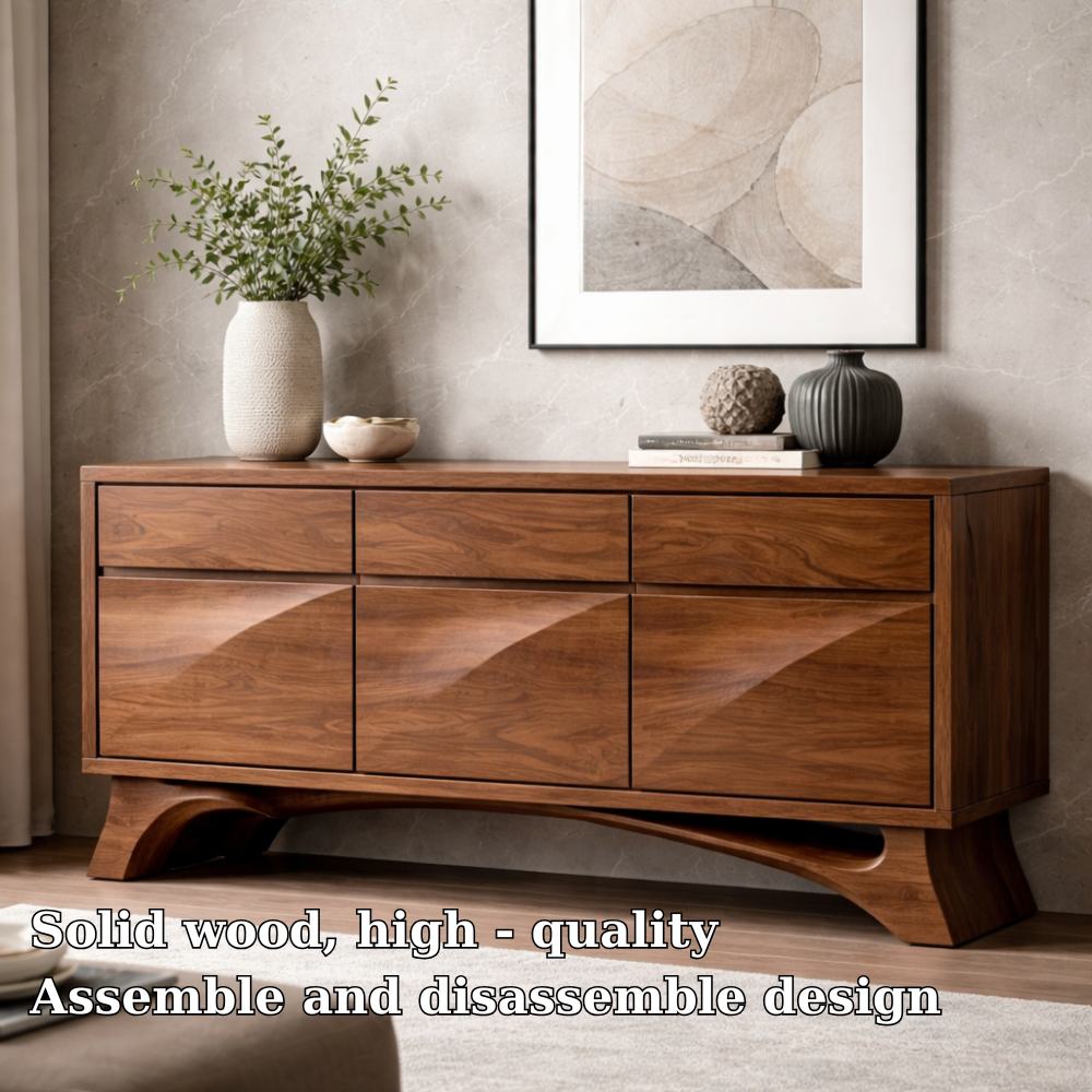 Solid Wood Console Cabinet with Drawers – Modern Walnut Sideboard Storage