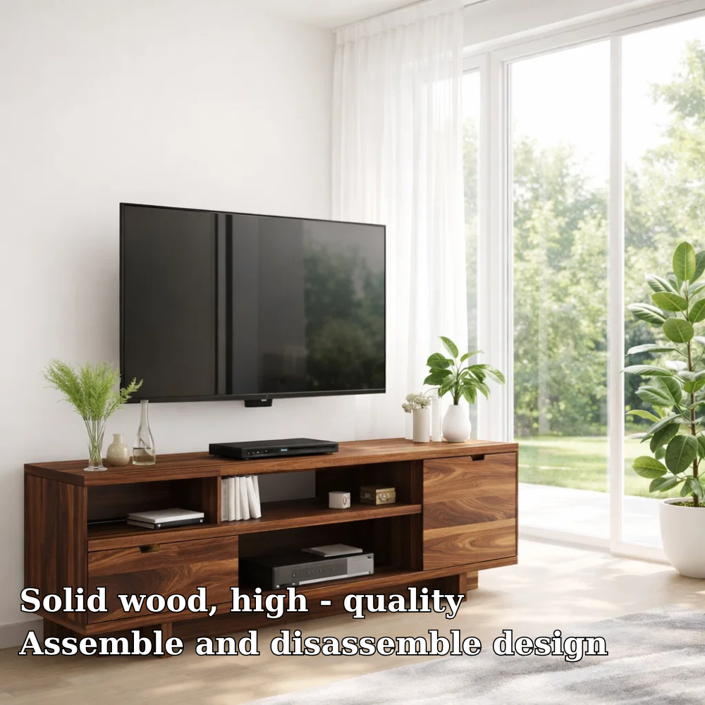 Solid Walnut TV Console with Storage & Open Shelves – Modern Media Unit