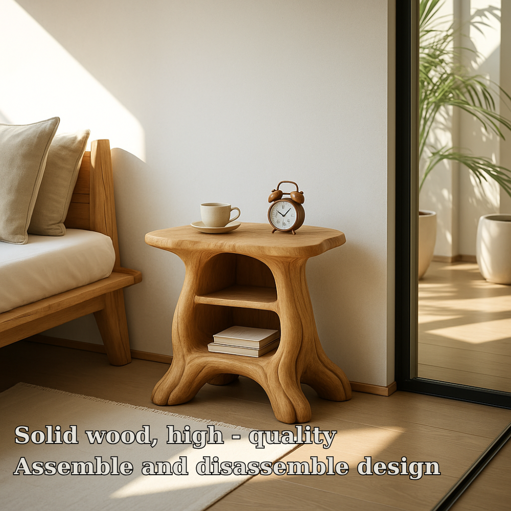 Modern Wooden Nightstand with Curved Base and Spacious Shelves - Wood Design