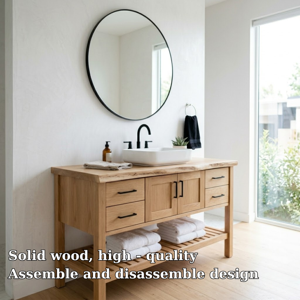 Solid Wood Bathroom Vanity Cabinet Single Sink Base with Drawers Open Shelf
