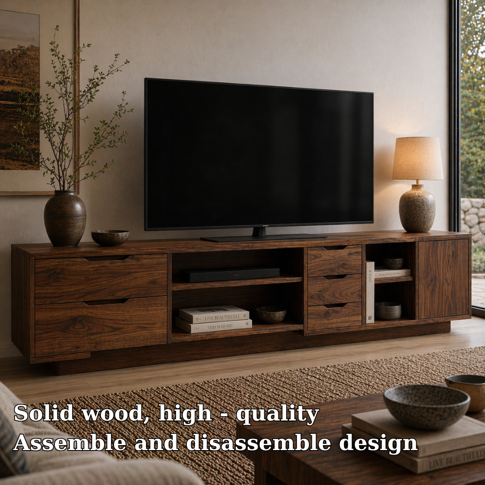 Solid Wood Media Console with Drawers, Modern TV Stand with Open Shelf Storage