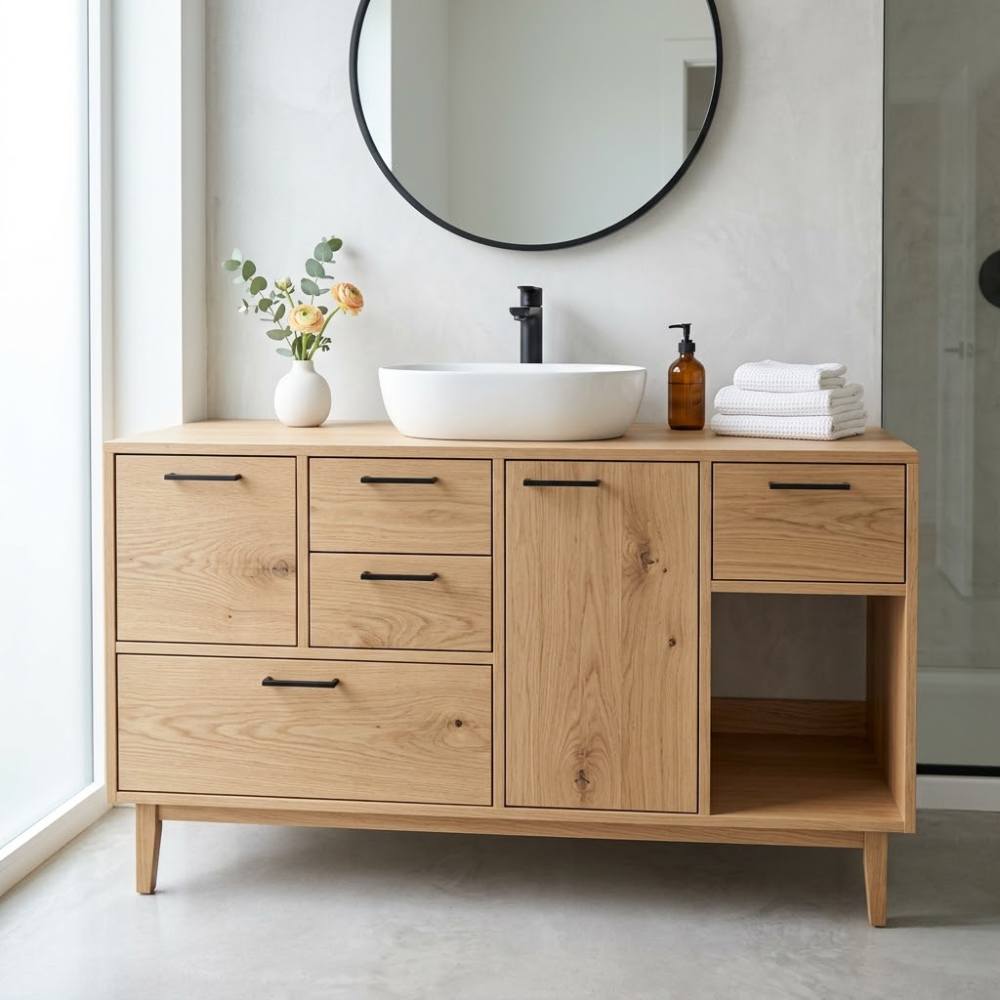 Solid Wood Bathroom Vanity with Drawers & Open Storage β Modern Design
