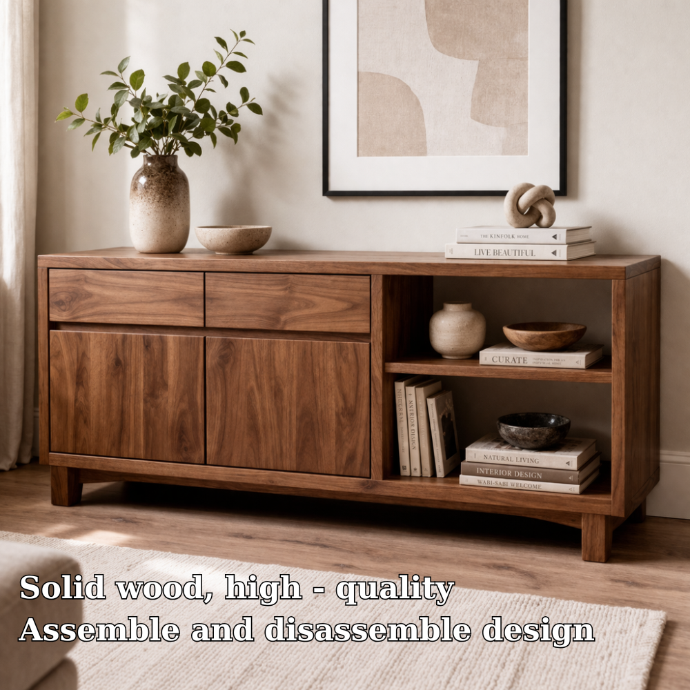 Solid Wood Console Cabinet with Drawers and Open Shelves