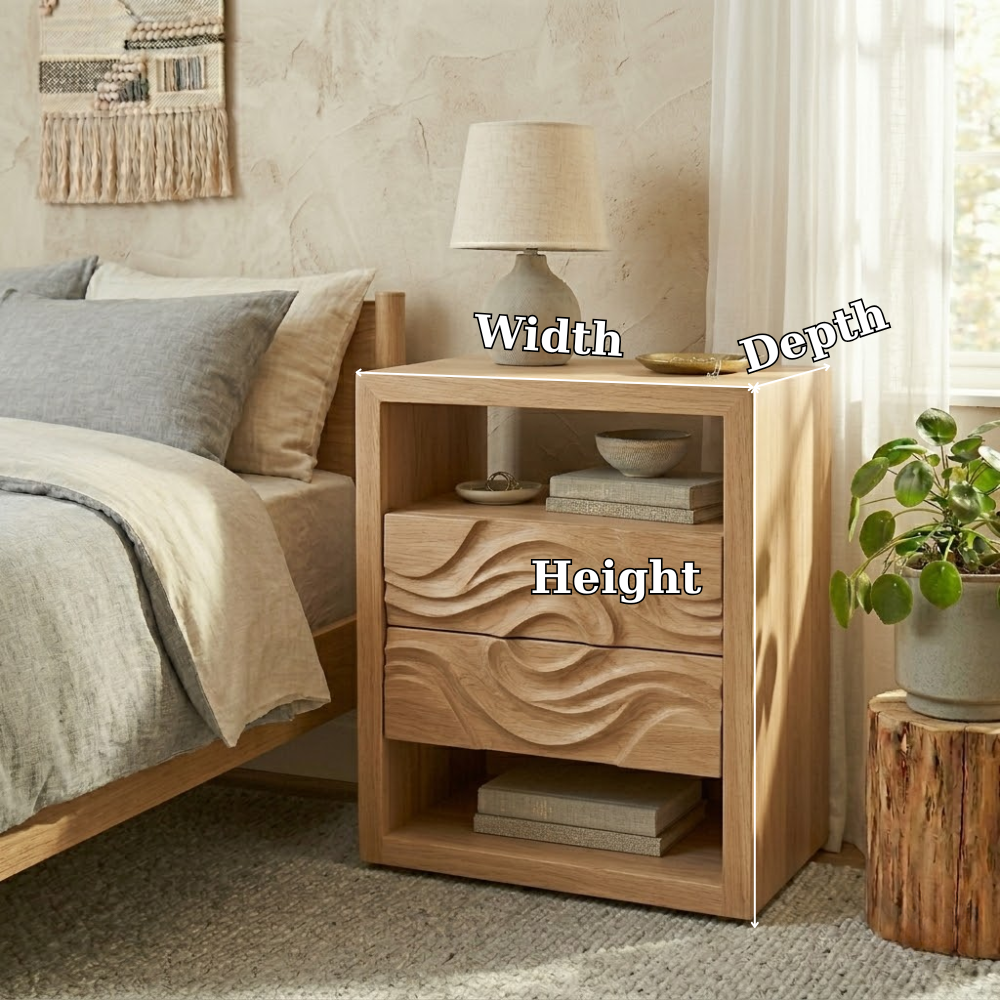 Solid Nightstand with Carved Drawer – Modern Table with Storage