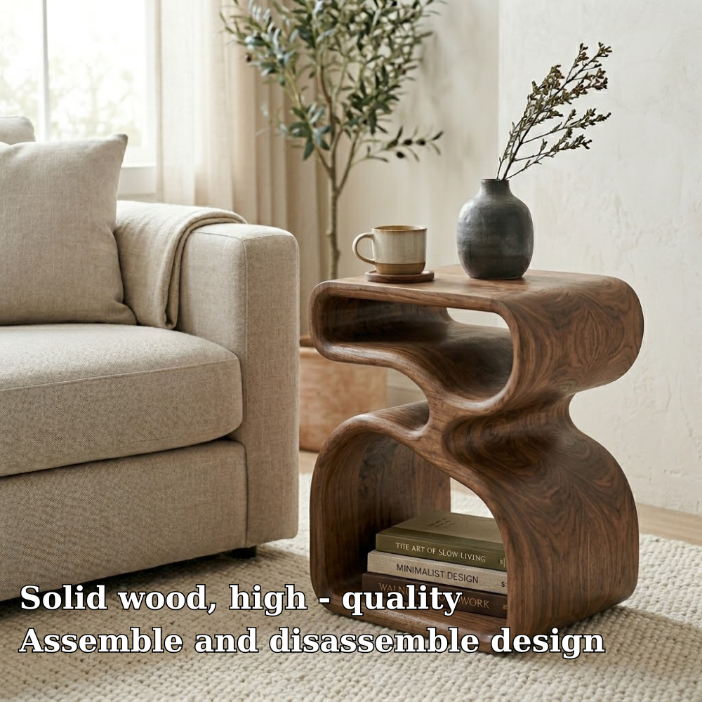 Organic Solid Wood End Table with Sculptural Curves and Storage Shelf