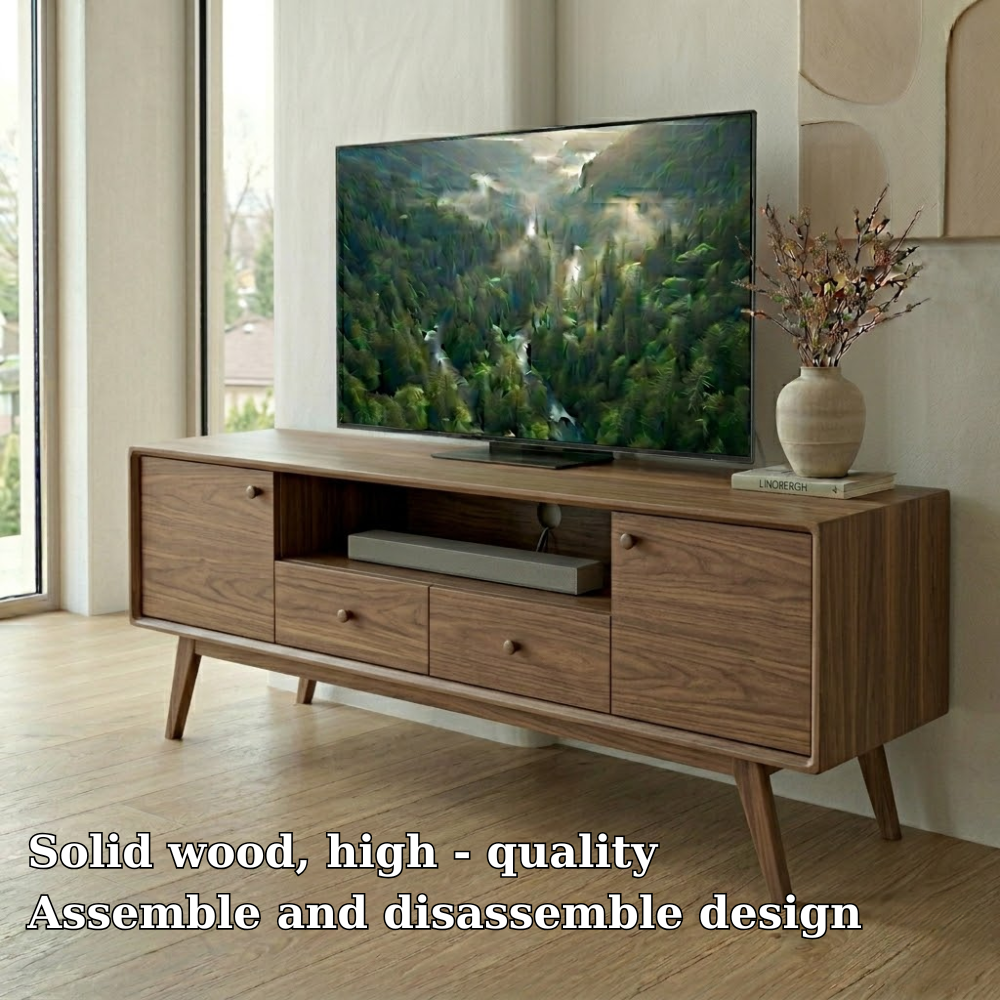 Mid Century Solid Wood Media Console – Modern TV Stand with Drawers & Storage