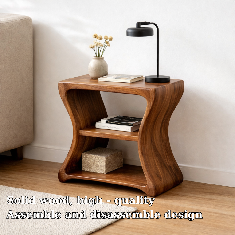 Solid Wood Curved End Table with Shelf – Natural Wooden Side Table for Living Room