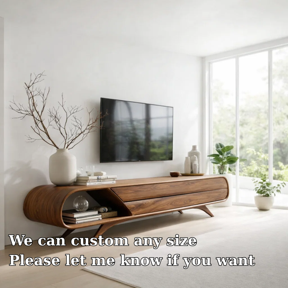 Solid Wood Media Console with Curved Design & Drawer Storage, Modern TV Stand
