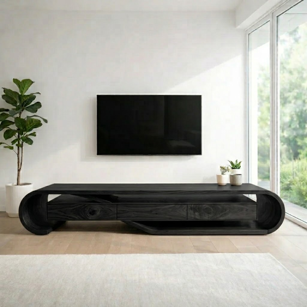 Solid Wood Media Console with Sculptural Curved Frame & Drawers, Modern TV Stand