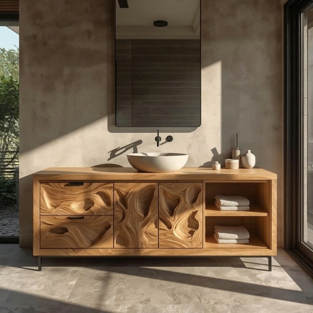 Solid Wood Bathroom Vanity with Sculpted Organic Design β Modern Storage Cabinet