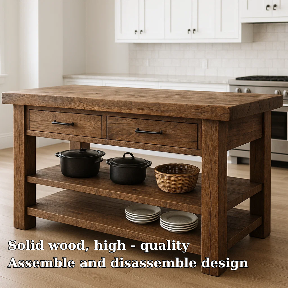 Live Edge Solid Wood Kitchen Island - Rustic Farmhouse Butcher Block Prep Table with Storage