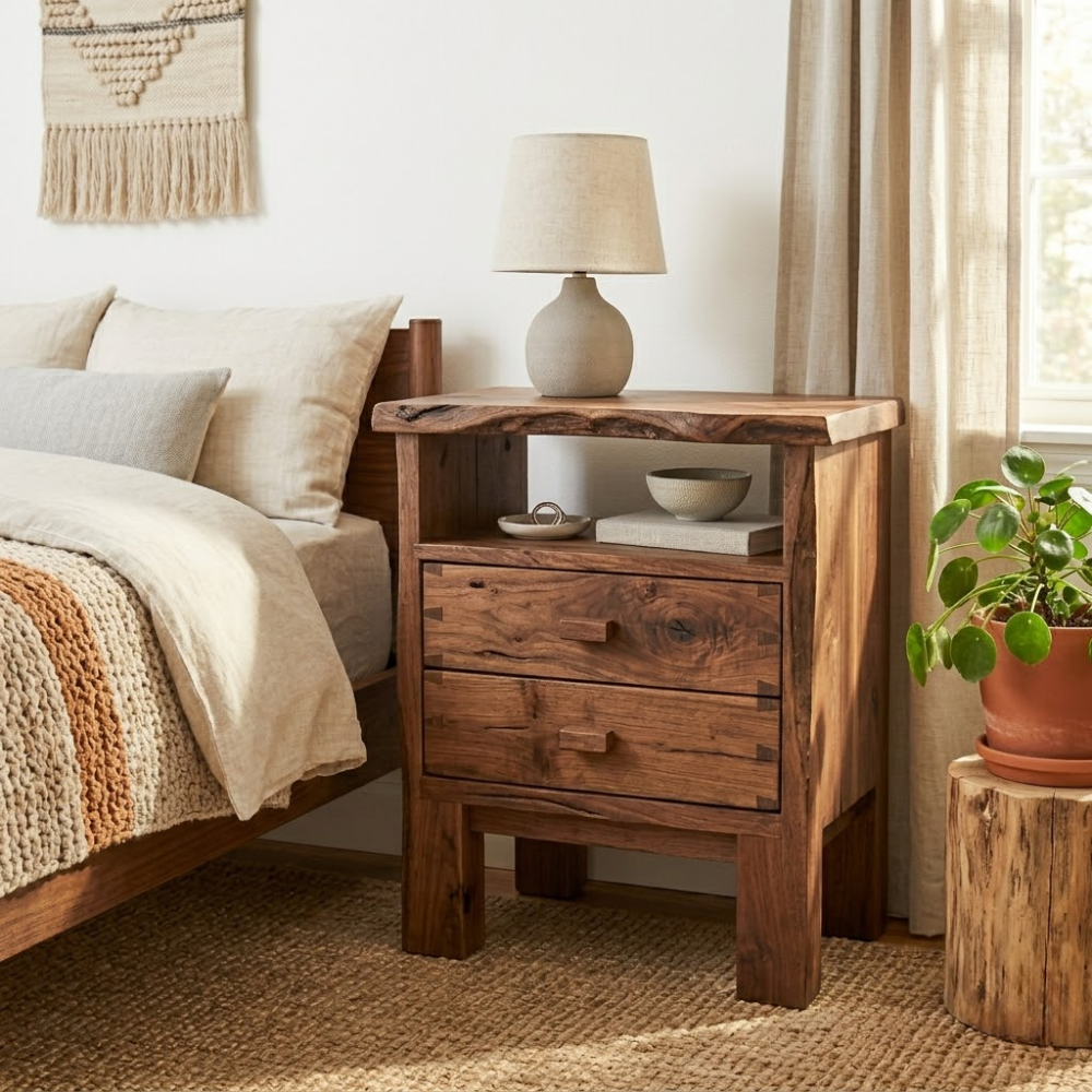 Solid Live Edge Nightstand - Rustic Table with Open Shelf and Wood Handles