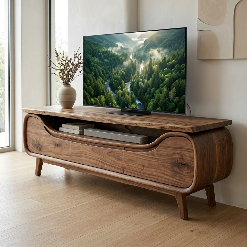 Curved Solid Wood Media Console – Modern TV Stand with Organic Design