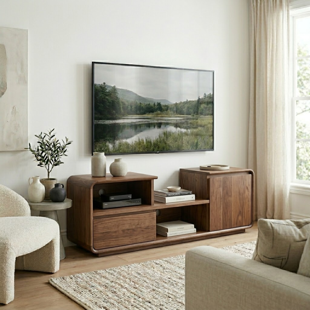 Solid Wood Media Console with Rounded Edges, Modern TV Stand with Storage Cabinet
