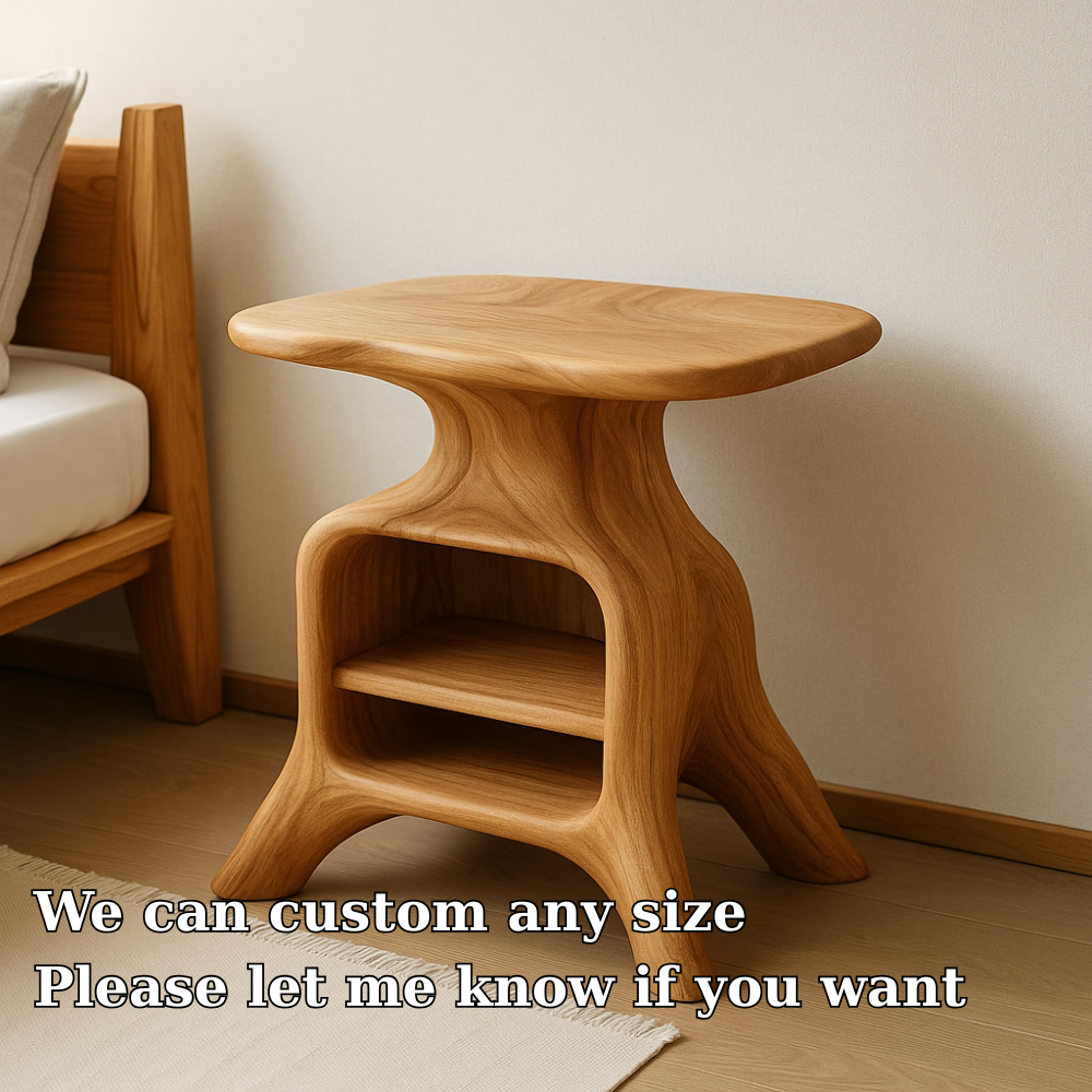 Contemporary Wooden Nightstand with Smooth Curves and Open Storage - Natural Oak